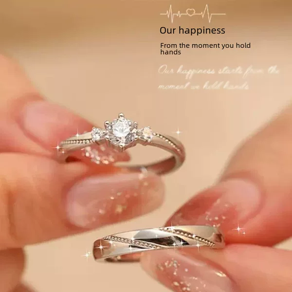 Love at First Sight Couple Ring Men's and Women's Ins Niche Light Luxury High-end Fashionable Pair Ring Wedding Moussan Diamond Ring