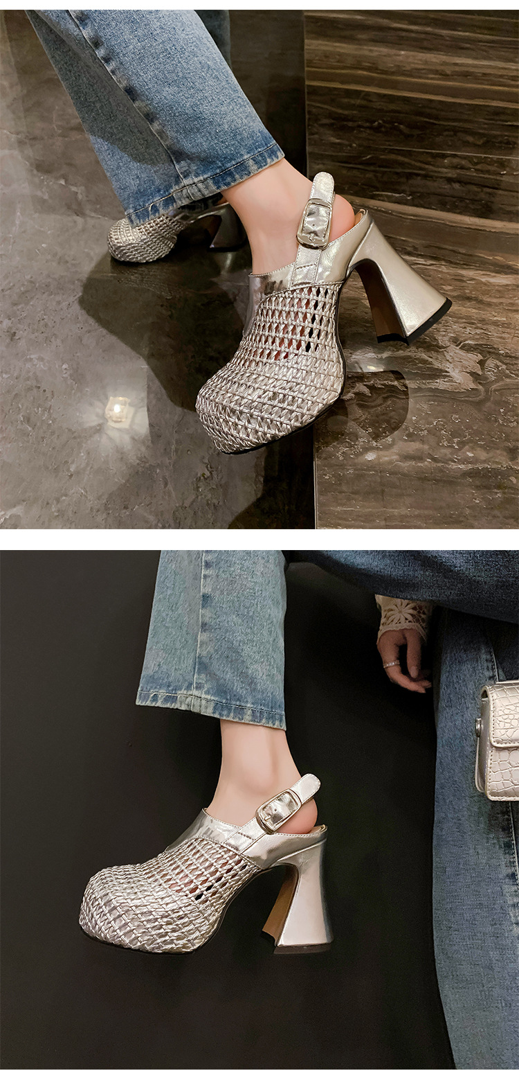 Sandal cao gót nữ đế xuồng platform dệt kim vàng, gót 10 cm, phong cách La Mã — Màu đen, Màu vàng, Màu bạc chi tiết 18