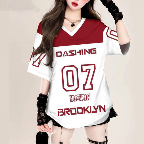 European and American 3D Digital Sport T-Shirt, V-Neck Top, Loose Short Sleeve, Couple's Style, Direct Sale