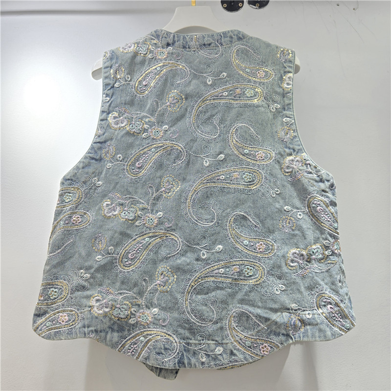 2026 primavera azul industria pesada bordada flor de anajuez chaleco denim de moda alta sensación de cuello redondo chaleco de hombro