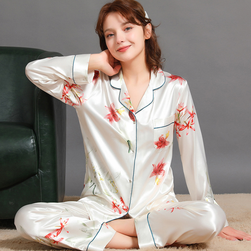 Women's Pajamas Spring and Autumn Long Sleeve Silk Printed Thin Women's Ice Silk Spring and Summer Women's Home Suit Holiday Gift