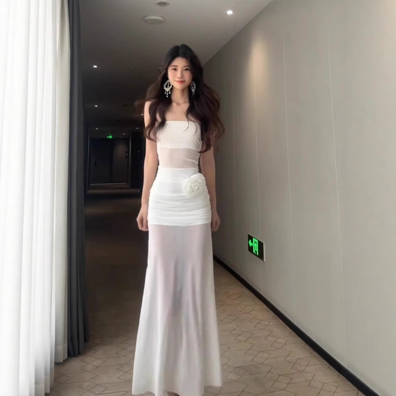 Pure Lust Style Sexy White Mesh Tube Top Dress for Women Summer Temperament Waist-Hugging Seaside Vacation Hip-Hugging Long Skirt