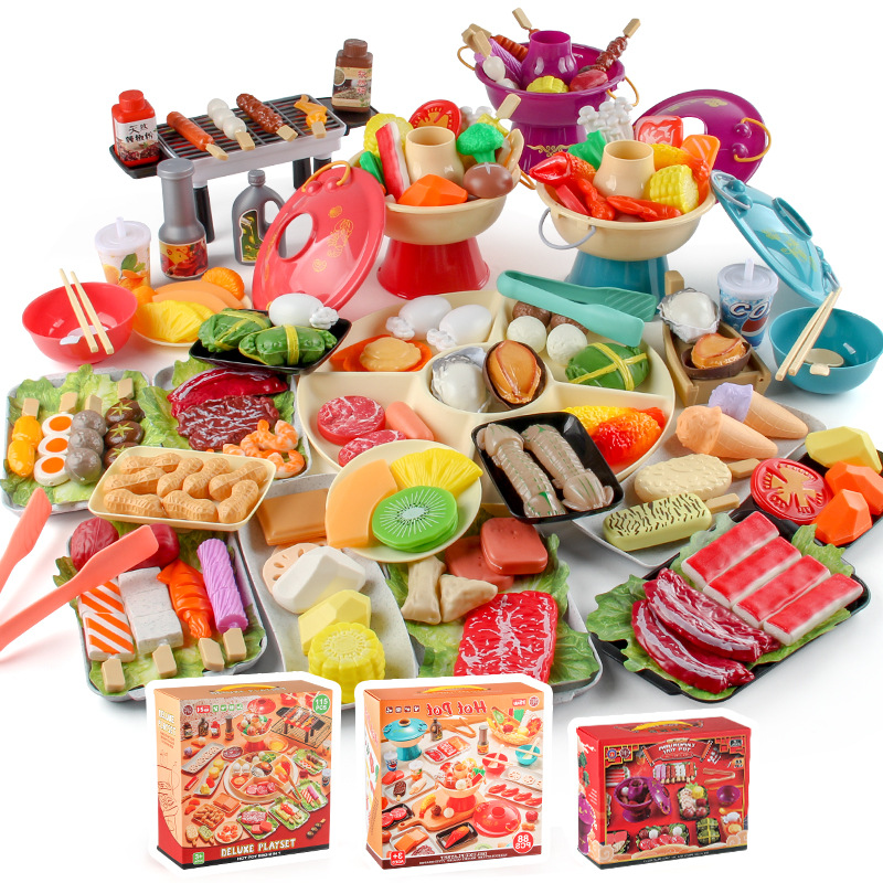 Casa de juego de los niños juguetes de cocina olla caliente brochetas barbacoa traje pequeño olla caliente brochetas ingredientes utensilios de cocina caja de color