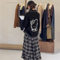 2025韩版秋季新款减龄卡通提花翻领毛衣女慵懒风小猫宽松针织开衫