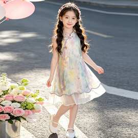 女童旗袍连衣裙2026新款新中式无袖立领花卉中长裙超仙国风裙子潮