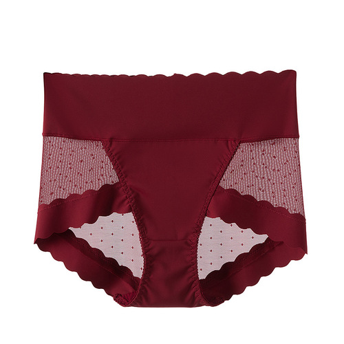 High-waisted seamless ice silk splicing mesh hip-covering sexy and interesting pure cotton inseam large size lace women's briefs