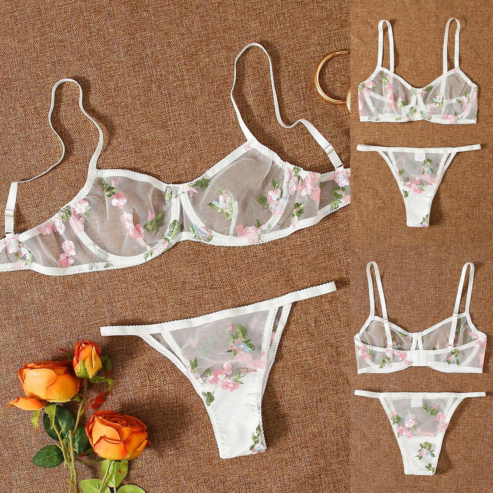 Flower Sheer Bra Sexy Embroidery See-through Low Waist See-through Sexy Lingerie display picture 1