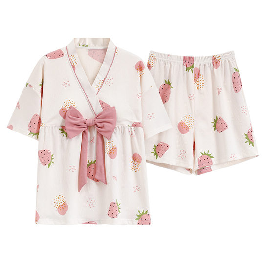 Women's pajamas with chest pad summer short-sleeved shorts suit Japanese ins style kimono skin-friendly Loose Women's Home wear