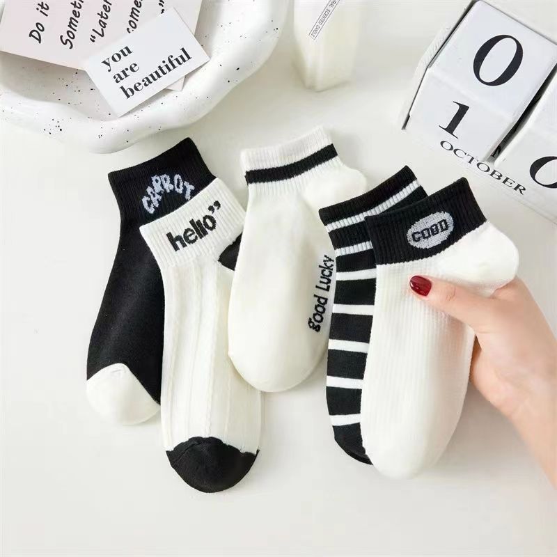 5 pares de calcetines para el cabello, transpirables y absorbentes de sudor para mujer, calcetines delgados con letras de dibujos animados, calcetines con lazo, malla de verano
