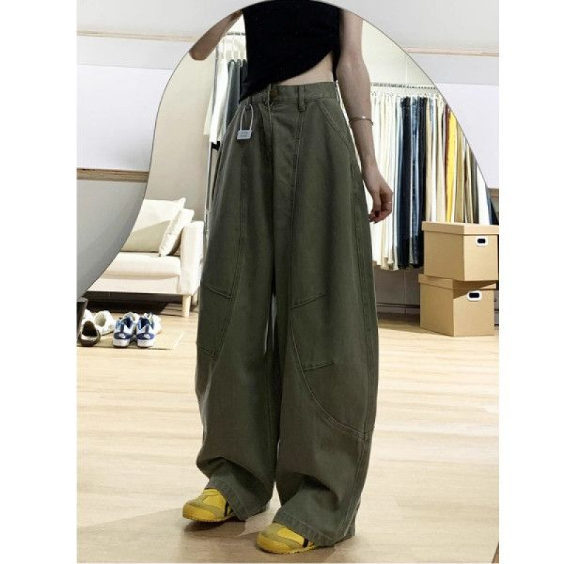 Army Green Scimitar Workwear Jeans for Women, Autumn New American Retro Cool Casual Loose Silhouette Pants Army Green Scimitar Workwear Jeans for Women, Autumn New American Retro Cool Casual Loose Silhouette Pants