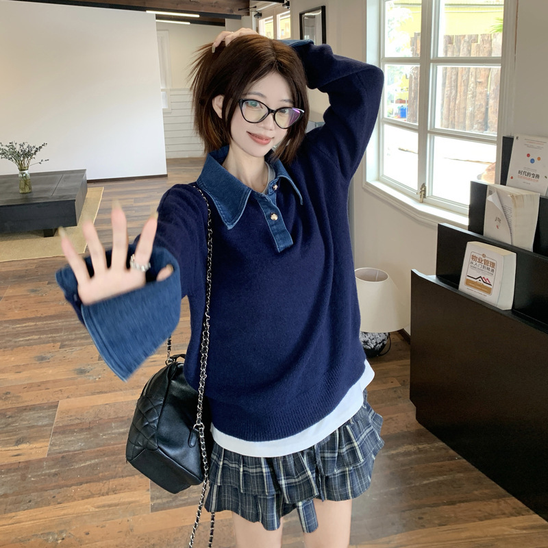 高级感2025冬季新款韩版气质Polo领牛仔拼接针织衫假两件毛衣女装|undefined