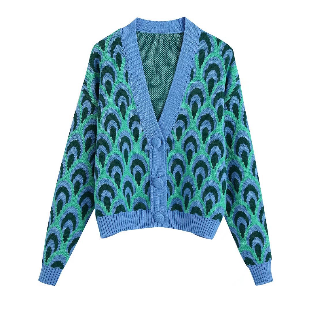 jacquard long sleeve v neck color matching knitted Cardigan NSXFL117694