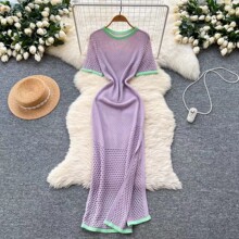 欧美风女装2025夏季新款牛仔拼接针织长裙紧身短袖收腰显瘦连衣裙