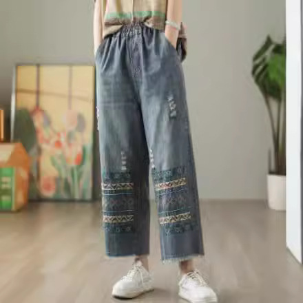 破洞牛仔裤女2024夏季新款民族风重工刺绣宽松休闲洋气毛边阔腿裤