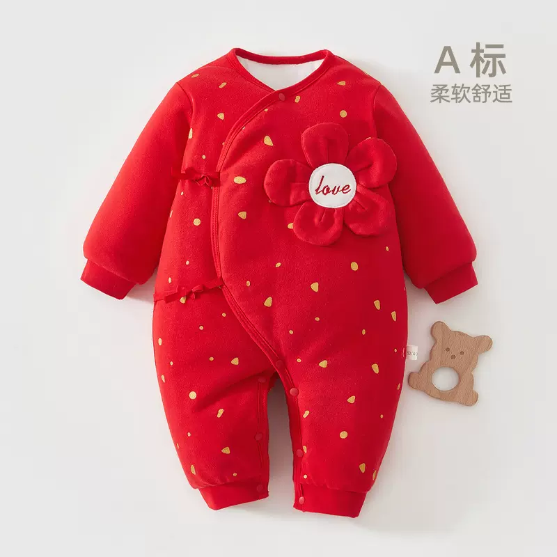 新生婴儿红色过年喜庆衣服秋冬款连体衣冬季新款宝宝满月宴拜年服