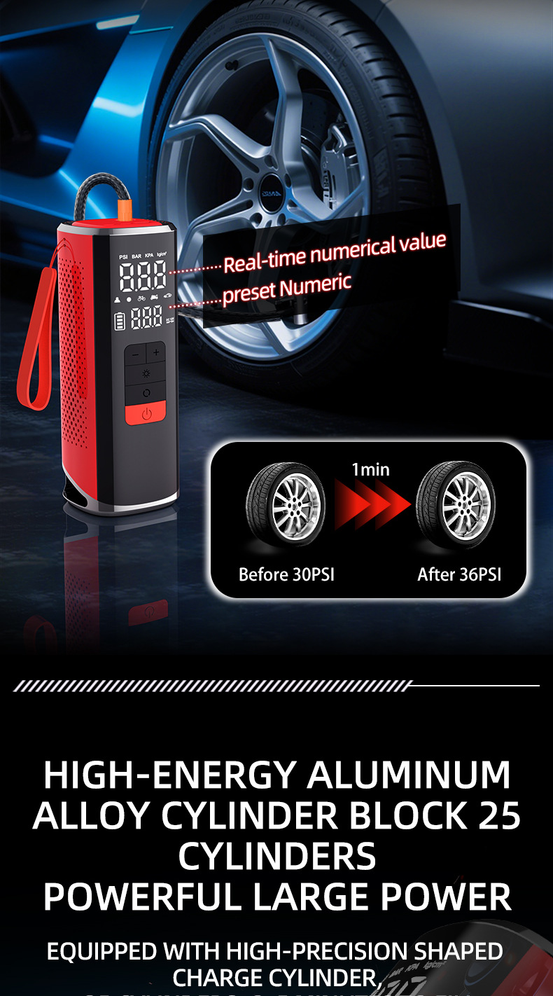 Customized 25-cylinder car air pump with automatic charging and shut-off, smart wireless portable tire, ball, and kayak inflator