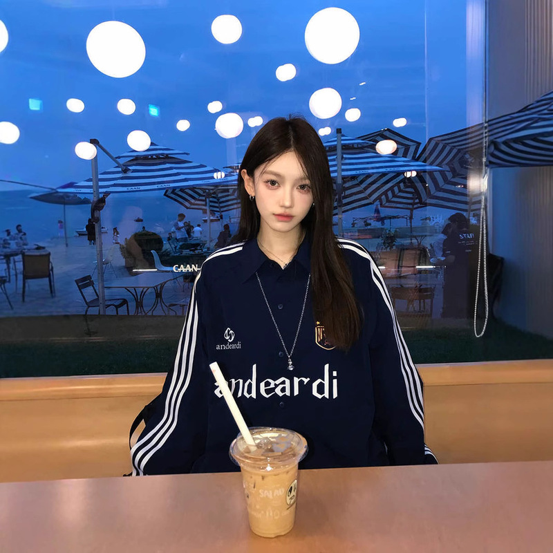 Andeardi Three-Stripe Jersey Style Long-Sleeved Shirt Women's Spring & Fall Printed Loose Sports Casual Couple Jacket