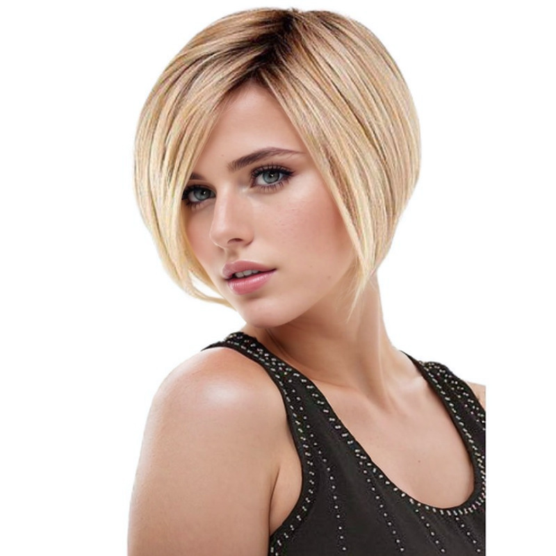 Wig short straight hair European and American fashion women's wig gradient blonde hair oblique bangs partial split short hair one piece