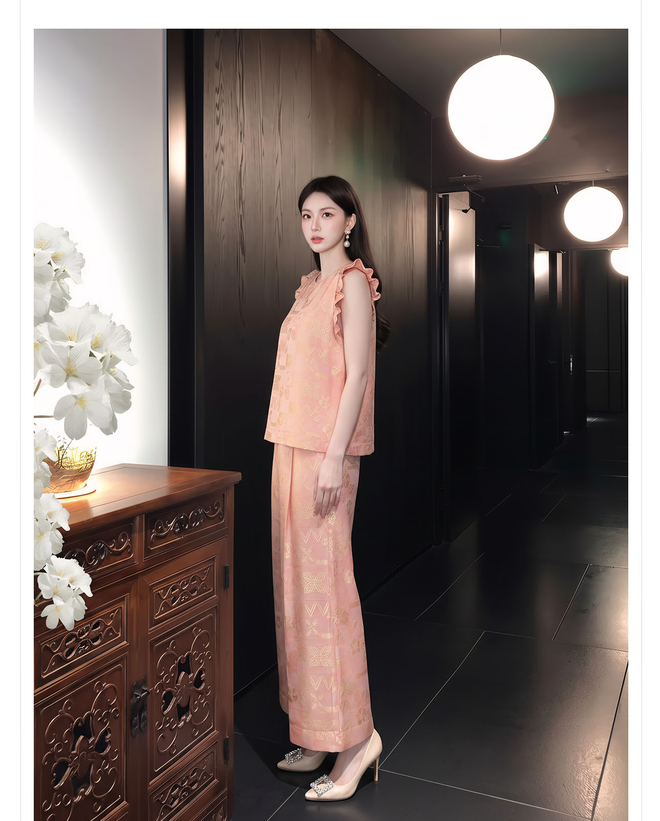 Bộ đồ nữ mùa hè phong cách tân trung hoa áo tay lửng phối quần ống rộng họa tiết jacquard — Trang chủ, bộ đồ, Quần dài chi tiết 9