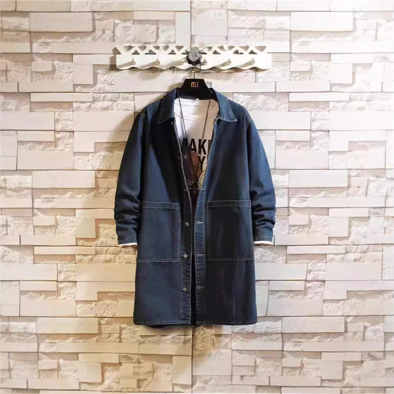 Foreign Trade 2024 Spring and Autumn Men's Denim Coat Windbreaker Jacket Korean Mid-length Coat Lapel Men's plus size Jacket