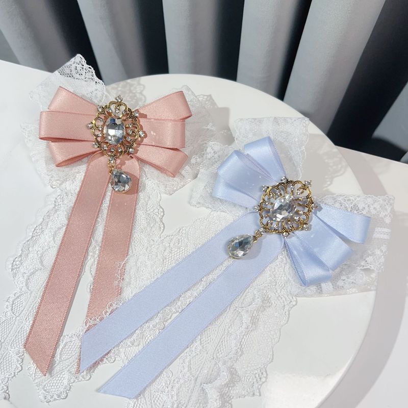 Summer New Retro Small Fresh Korean Style Lolita Lace Bow Tie Female College Style Diamond Shirt Brooch