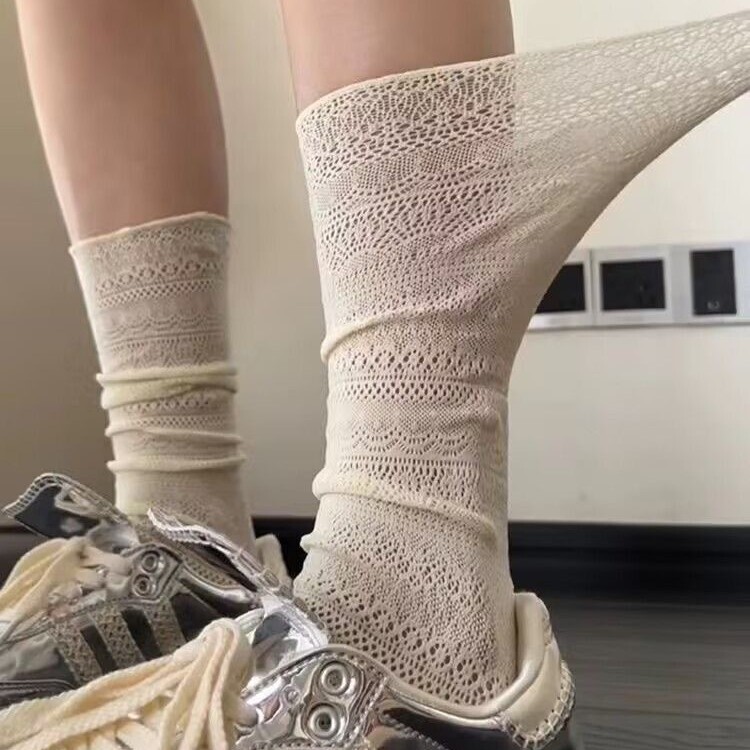 Lace Hollow Stacking Socks Women's Spring and Autumn Mid-Length Socks Ballet Style silver Shoes Burkham Shoes German Training Shoes Socks
