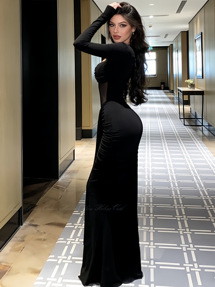 Women's Sexy Mesh Cutout Ruched Bodycon Midi Dress – Slimming Fish Hem Party Gown_ecoleips.com