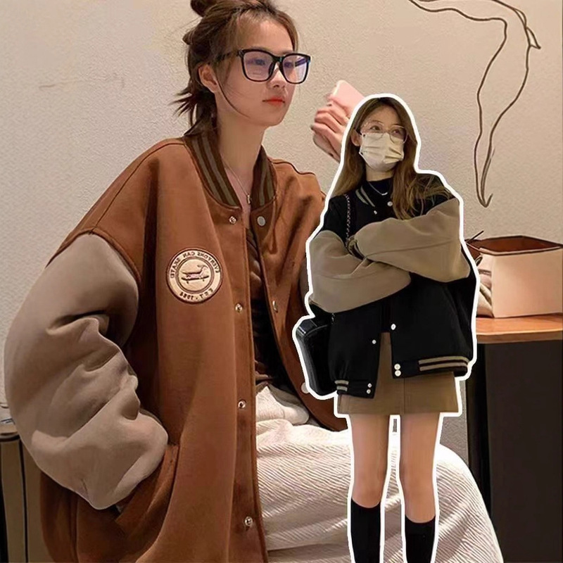 慵懒风棒球服外套女秋冬新款韩版加绒加厚复古宽松休闲卫衣ins潮|undefined