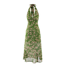 欧美风性感V领挂脖系带碎花连衣裙收腰修身中长款气质度假吊带裙