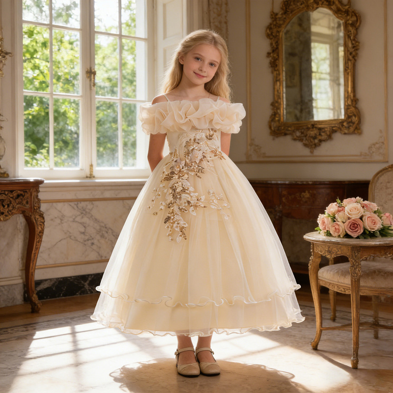 European and American Girl's Dress New Children's Beaded Flower Shoulder Wedding Dress Princess Dress Little Girl's Stage Party Dress
