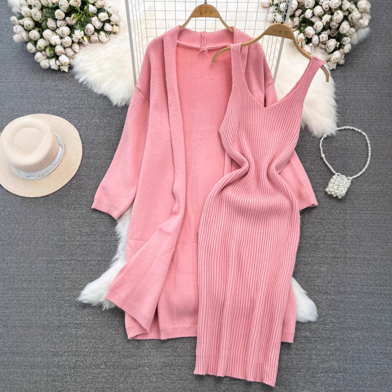 Foreign Trade Soft, Lazy and Versatile Loose Mid-Length Knitted Sweater Jacket Two-Piece V Neck Vest Hip-Covering Dress