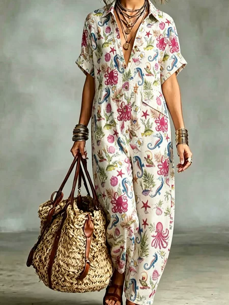 Amazon Independent Site Digital Print Shirt-Style Jumpsuit Loose Slimming Jumpsuit