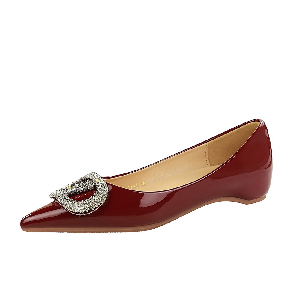 531-K225 Korean version height increasing and slimming single shoe, rhinestone metal buckle flat heel shoe, pointed patent leather one foot shoe for women