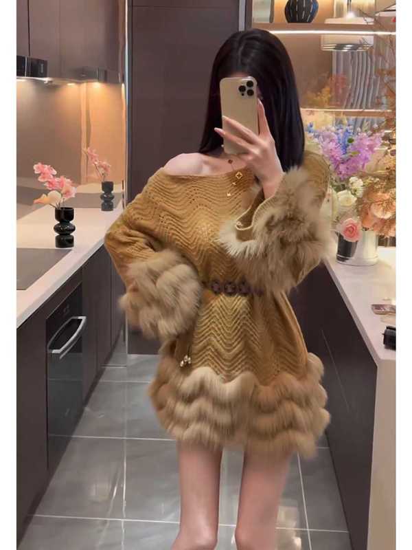 法式咖色毛绒袖口连衣裙搭配腰带两件套女秋冬季名媛气质纯欲套装|undefined