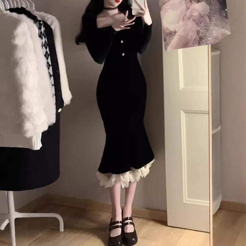 法式赫本风黑色丝绒连衣裙女秋冬高级感鱼尾包臀生日小礼服长裙子|undefined