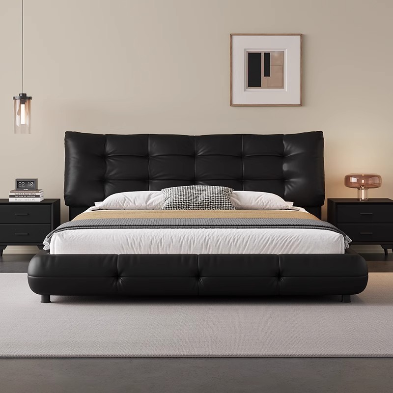 Cama de cuero de buey negro minimalista italiana, cama principal, cama queen, atmósfera de alta gama, cama de boda de envoltura suave, cama de boda doble, cama queen image 3