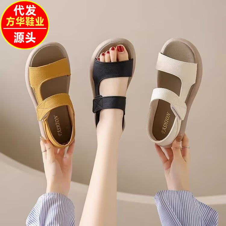 Bolsillo de tacones sandalias para mujeres 2026 nuevo cuero con una sola gruesa dos zapatos romanos velcro zapatos casuales de tamaño pequeño