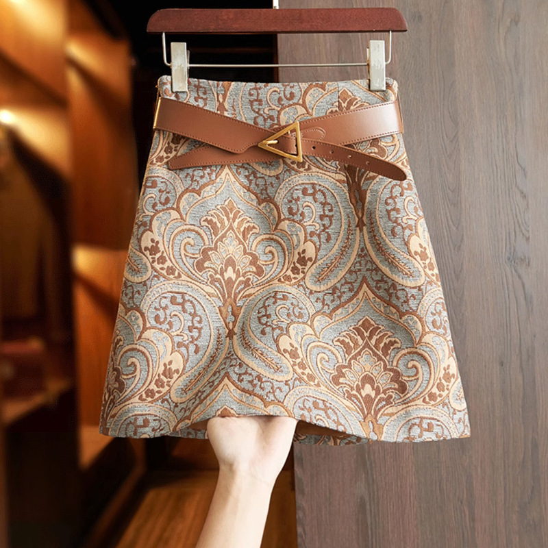 Export quality, temperament of SS! Vintage National Style brown High Waist Hip A- Line Skirt Skirt