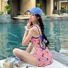 特价】卡通小零食印花连体泳衣女显瘦遮肉无袖夏少女度假泡温泉