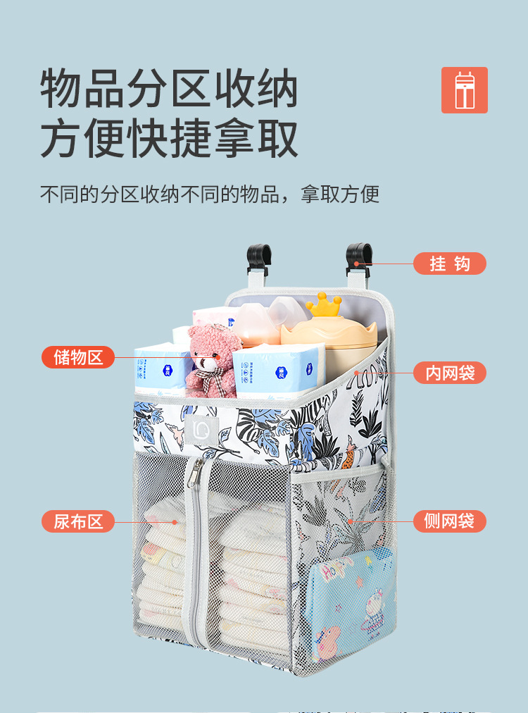 Baby bedside storage bag, multi-functional baby products storage hanging bag, large-capacity multi-compartment bed front storage hanging bag Application Scenario