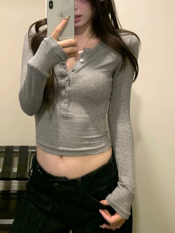 亨利领T恤女秋小个子粉色内搭修身长袖针织打底衫|undefined