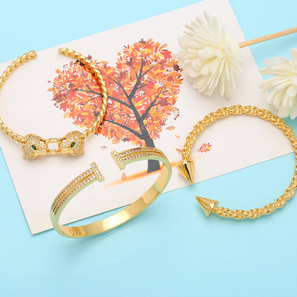 Fashion Leopard Head Copper Bangle Gold Plated Zircon Copper Bracelets