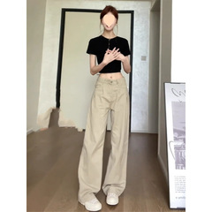 ミルクカレー色の広脚ジーンズ女性秋の高腰ゆるいしわデザイン感の高い背の高いストレートなズボンのファッション