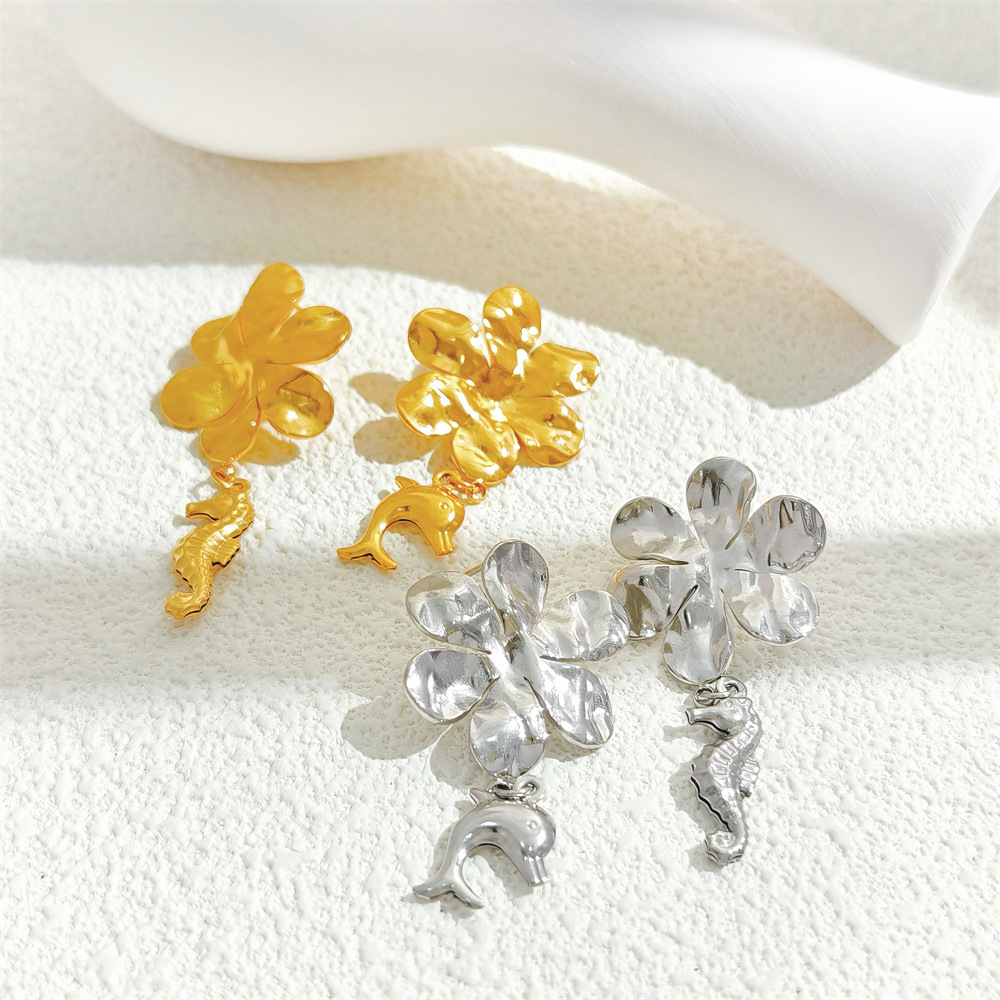 1 Pair Hippocampus Flower Classic Style 304 Stainless Steel Drop Earrings display picture 1