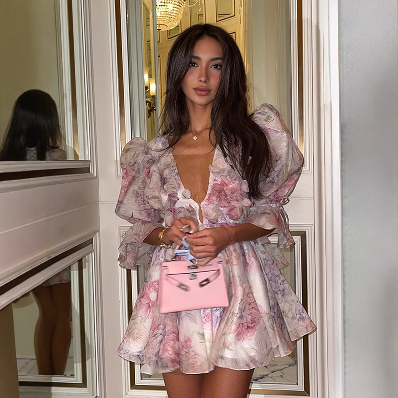 French High-end Princess Sweet Style Printed V-neck dress Skirt Women's Spring and Summer 2025 Cross-border European and American New