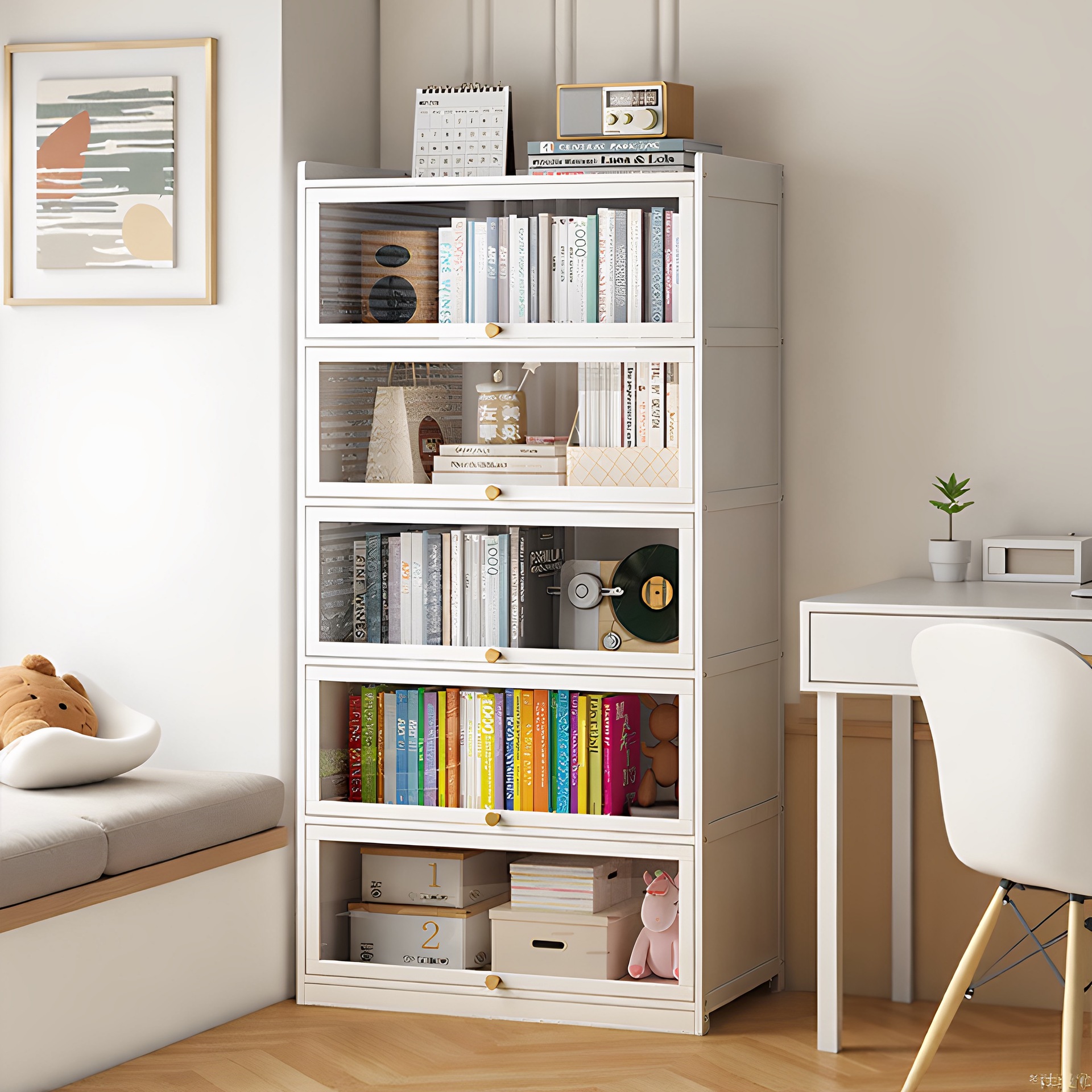 Bookshelf Floor-Standing Storage Rack Living Room Transparent Dust-Proof Bookcase Storage Cabinet Integrated Wall-Mounted Storage Cabinet with Glass Door