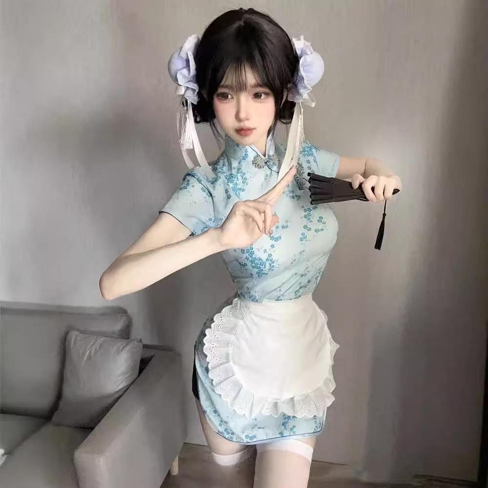 Cheongsam Maid Apron Lingerie Set, Two-Piece Pink Roleplay Outfit, One Size — detail image 2