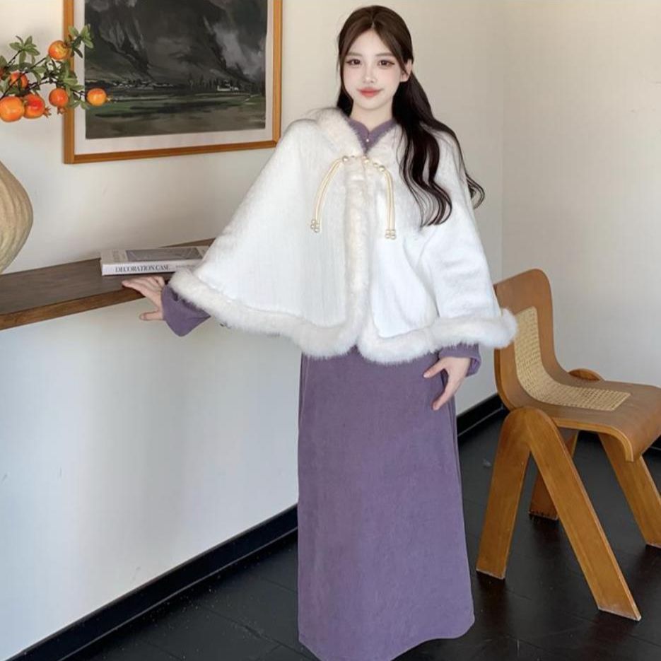 Plus Size Velvet Thickeneded Purple Cheongsam Dress Furry Cloak Shawl Suit Winter Daily New Chinoiserie Long Skirt