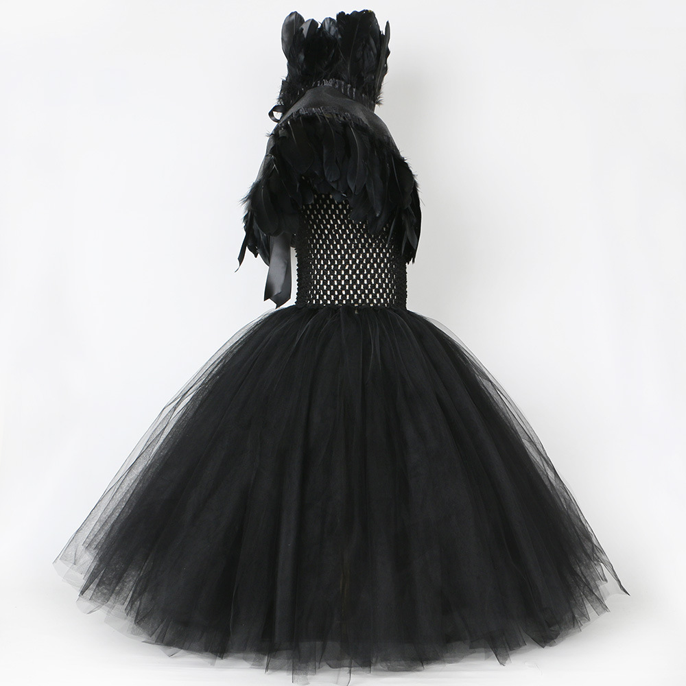 Ropa para niños Vestido de bruja maléfica Capa de plumas Disfraz de Halloween para niños Vestido de malla negro para niña gótica_voghion.com