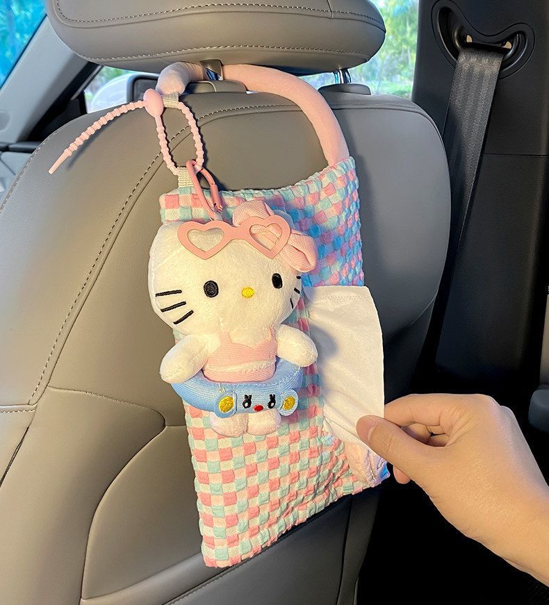 Creative Car Tissue Box with a High-End Feel, Cute Kt Cat Car Tissue Hanging Bag, In-Car Tissue Box Hanging Decoration for Women